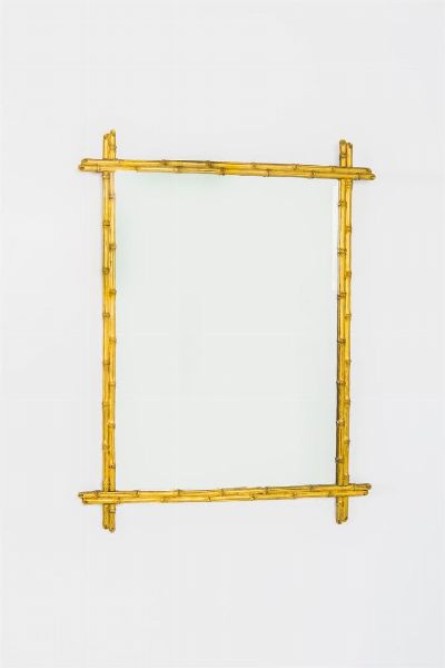 PRODUZIONE ITALIANA : Specchio in legno lavorato a simil bamboo e laccato oro. Anni '50 cm 120x95  - Asta Asta 155 - Design - Associazione Nazionale - Case d'Asta italiane