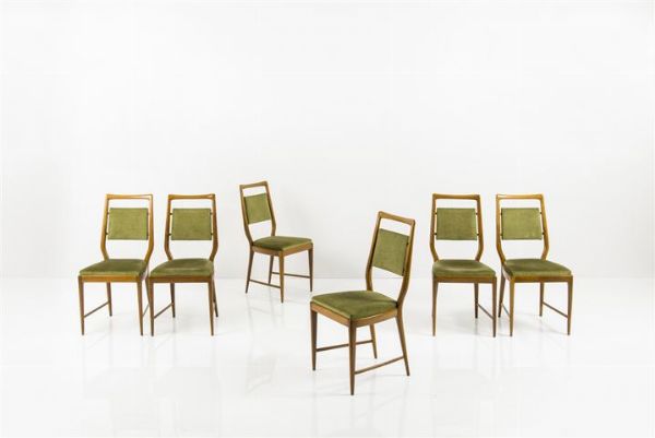 DASSI : Sei sedie con struttura in legno  sedute e schienali imbottiti rivestiti in tessuto. Anni '50 cm 95x43x44  - Asta Asta 155 - Design - Associazione Nazionale - Case d'Asta italiane