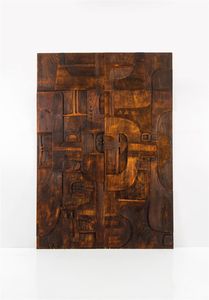 NERONE E PATUZZI GRUPPO NP2 - Grande pannello in legno intagliato e pirografato Anni '60  Firma incussa nel legno  cm 308x216