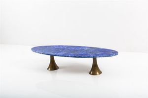 MANGIAROTTI ANGELO - Tavolino in legno rivestito in rame smaltato  sostegni in bronzo. Prod. Bernini anni '50 cm 38 5x158/x54