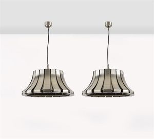 MARTINELLI ELIO - Coppia di lampadari con lamelle in acciaio spazzolato e lucidato. Prod. Martinelli Luce anni '60 cm 54x25