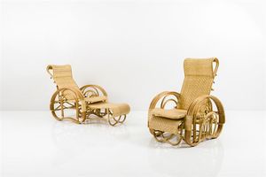 PRODUZIONE ITALIANA - Coppia di sedie a sdraio in giunco e paglia. Anni '50 cm 102x70x140