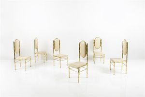 MAISON BAGUES - Sei sedie con struttura in bamboo e ottone lucido  cuscini imbottiti rivestiti in simil pelle. Anni '50 cm 114 [..]
