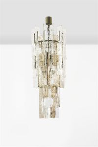 MAZZEGA - Lampada a sospensione con montatura in metallo e elementi in vetro di forte spessore. Anni '60 h cm 115