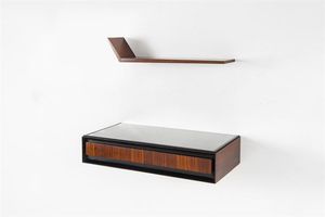 DASSI - Console pensile con mensola impiallacciata in legno di palissandro  piano in vetro. Anni '50 console cm 70x33x14  [..]
