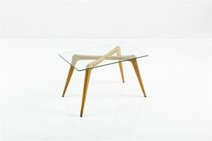 SCUOLA TORINESE - Tavolino con struttura in legno d'acero  piano in vetro. Anni '50 cm 48x77x45