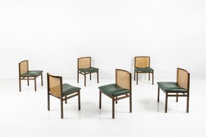AGNOLI TITO - Sei sedie con struttura in legno  sedute in pelle e schienali in paglia. Prod. La Linea 1957 cm 79x47x50 Bibl.:  [..]