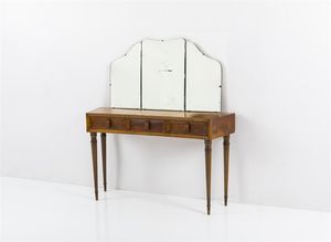 COLLI PIER LUIGI - Console in legno di noce a tre cassetti sotto il piano  specchio sovrastante. Anni '50 cm 76x124x37