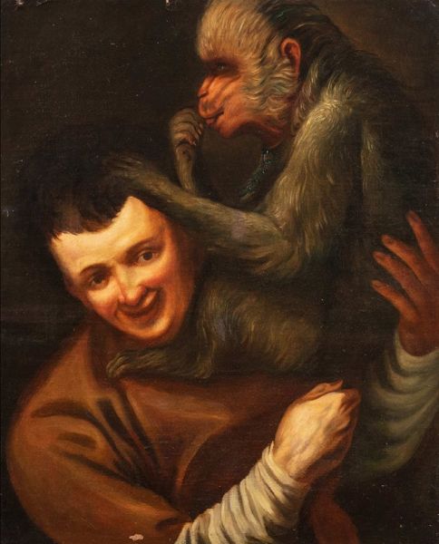 Seguace di Annibale Carracci : Ritratto di uomo con scimmia  - Asta Dipinti Antichi e Arte del XIX Secolo - Associazione Nazionale - Case d'Asta italiane