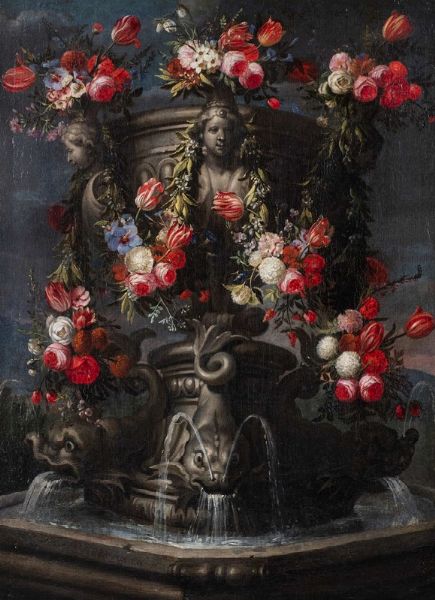 Gaspar Peeter II Verbruggen : Fontana monumentale con ghirlande di fiori  - Asta Dipinti Antichi e Arte del XIX Secolo - Associazione Nazionale - Case d'Asta italiane
