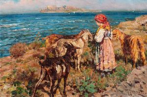 Giuseppe Giardiello - Giovane guardiana delle capre con Capri sullo sfondo