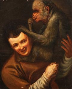 Seguace di Annibale Carracci - Ritratto di uomo con scimmia