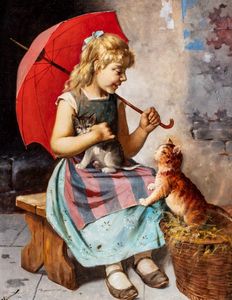F. Oliva (Scuola italiana fine del XIX inizi XX secolo) - Bimba con i gatti