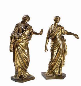 Scuola italiana, secolo XIX - Due figure allegoriche femminili in bronzo