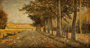 Filippo Mola - Lotto di due dipinti con veduta di Villa Reale a Monza e Pescarenico
