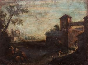 Scuola veneta, secolo XVIII - Paesaggio fluviale con mulino, lavandaie in primo piano e pescatori in riva