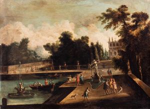 Isaac de Moucheron - Giardino di una villa con peschiera, due fontane e astanti