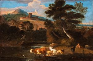 Scuola romana, secolo XVIII - Paesaggio fluviale con pastori e armenti