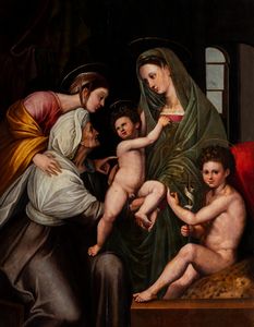 Seguace di Raffaello Sanzio - Madonna con Bambino, San Giovannino, Sant'Anna e una Santa