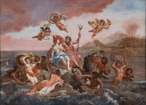 Cerchia di Louis de Boullogne il Giovane (Parigi 1654 - 1733) - Due scene mitologiche: Trionfo di Nettuno e Anfitrite; e Sine Cerere et Baccho friget Venus