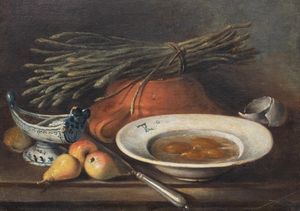 Tommaso Realfonso, detto Masillo - Asparagi, pere, uova in un piatto, salsiera e grande bacile in terracotta su un tavolo