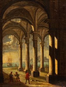 Scuola napoletana, secolo XVIII - Due capricci architettonici con vedute di porto