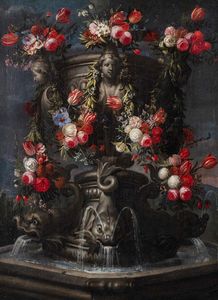 Gaspar Peeter II Verbruggen : Fontana monumentale con ghirlande di fiori  - Asta Dipinti Antichi e Arte del XIX Secolo - Associazione Nazionale - Case d'Asta italiane