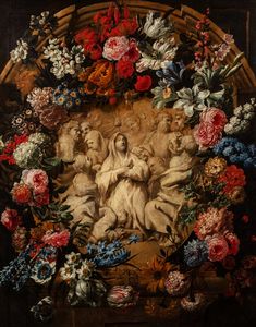 Nicola Van Houbraken - Trompe l'oeil con bassorilievo in marmo raffigurante la Pentecoste entro ghirlanda di fiori