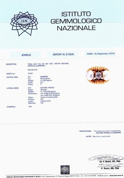 ANELLO IN ORO GIALLO CON PERLE NATURALI E DIAMANTE  - Asta GIOIELLI - Associazione Nazionale - Case d'Asta italiane