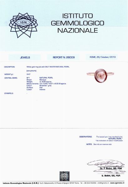 ANELLO IN ORO BIANCO 18KT CON PERLA NATURALE  - Asta GIOIELLI - Associazione Nazionale - Case d'Asta italiane