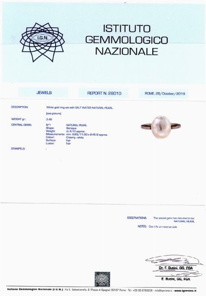 ANELLO IN ORO BIANCO 18KT CON PERLA NATURALE  - Asta GIOIELLI - Associazione Nazionale - Case d'Asta italiane