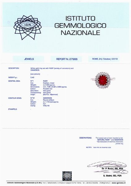 ANELLO IN ORO BIANCO CON RUBINO BIRMANO E DIAMANTI  - Asta GIOIELLI - Associazione Nazionale - Case d'Asta italiane