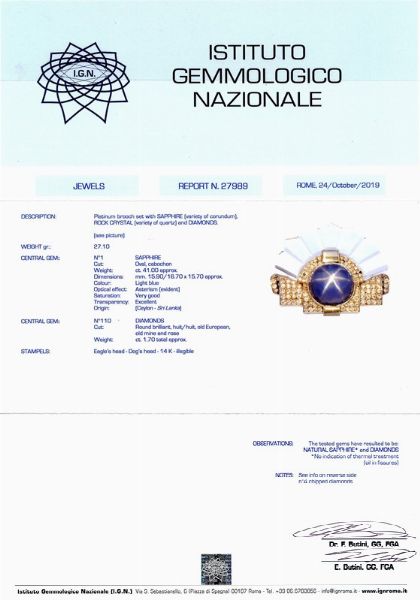 SPILLA IN ORO 14KT E PLATINO CON ZAFFIRO E DIAMANTI  - Asta GIOIELLI - Associazione Nazionale - Case d'Asta italiane