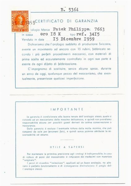 PATEK PHILIPPE CALATRAVA REF. 3415 N. 7663XX ANNO 1959  - Asta Orologi da polso e da tasca - Associazione Nazionale - Case d'Asta italiane
