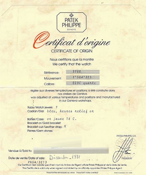 PATEK PHILIPPE ELLIPSE REF. 3788 ANNO 1991  - Asta Orologi da polso e da tasca - Associazione Nazionale - Case d'Asta italiane
