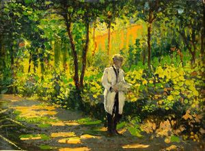GUARLOTTI GIOVANNI Galliate (NO) 1869 - 1954 Torino - Il pittore Giuseppe Bosio nel giardino di Villa Guarlotti a Torino 1932