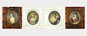 LOTTO DI QUATTRO MINIATURE - 16x15 cornici da 10x7 a 9x6 ovali su avorio  raffiguranti quattro figure femminili. Due con cornici lastronate  [..]
