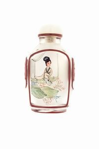 SNUFF BOTTLE - In vetro dipinto dall'interno con figure di geisha e uccellini  XX secolo Cm 7x4