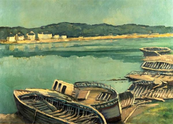 ALIBERTI DINO Torino 1935 : Barche in riva al fiume  - Asta Asta 159 - Dipinti, sculture, grafica - Associazione Nazionale - Case d'Asta italiane