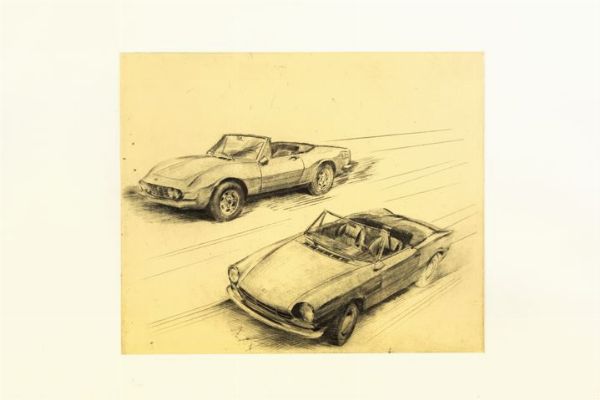 CALANDRI MARIO Torino 1914 - 1993 : Senza titolo (due automobili) 1967  - Asta Asta 159 - Dipinti, sculture, grafica - Associazione Nazionale - Case d'Asta italiane