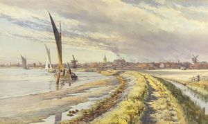 BATCHELDER STEPHEN JOHN 1849-1932 - Pesaggio lacustre con barca