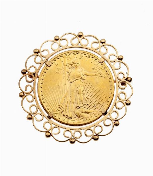 SPILLA : Peso gr 46 5 in oro giallo  con moneta americana da venti Dollari  - Asta Asta 157 - Gioielli - Associazione Nazionale - Case d'Asta italiane