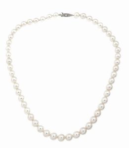 MIKIMOTO - Lunghezza cm 40 Girocollo composto da un filo di perle giapponesi Mikimoto del diam di mm 7 e 7 5. Chiusura in  [..]