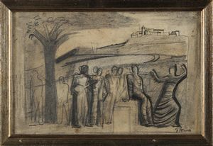 SIRONI MARIO (1885 - 1961) - Composizione con paesaggio, albero e figure.