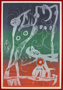 MIRO' JOAN (1893 - 1983) - Le delire du coutrier-bleu, rouge, vert.