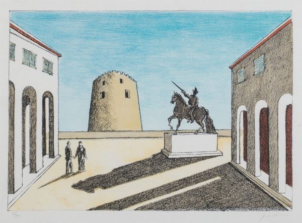 Giorgio de Chirico : Piazza d'Italia con statua equestre  - Asta Libri, Autografi e Stampe - Associazione Nazionale - Case d'Asta italiane