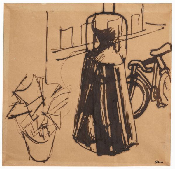 SIRONI MARIO : Figura femminile con casa, bicicletta e pianta, 1919 ca  - Asta Arte Moderna e Contemporanea - Associazione Nazionale - Case d'Asta italiane