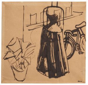 SIRONI MARIO - Figura femminile con casa, bicicletta e pianta, 1919 ca