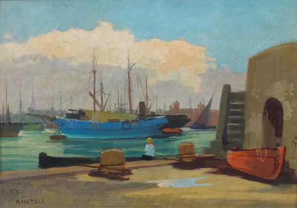 NATALI RENATO (1864 - 1947) : Paesaggio marino con barche e figura.  - Asta ASTA 277 - ARTE ANTICA E DEL XIX SECOLO - Associazione Nazionale - Case d'Asta italiane