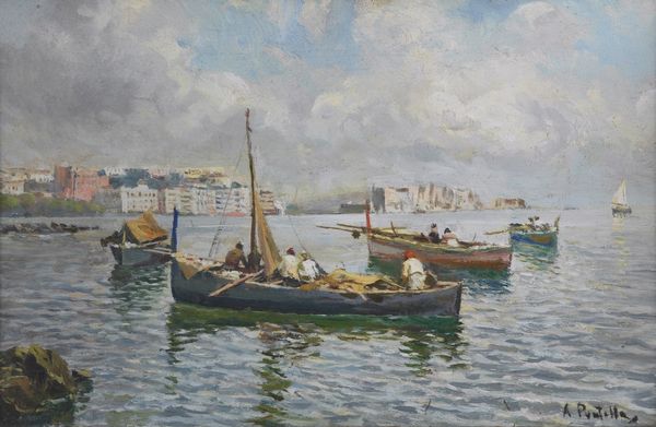 PRATELLA ATTILIO (1856 - 1949) : Paesaggio marino con barche.  - Asta ASTA 277 - ARTE ANTICA E DEL XIX SECOLO - Associazione Nazionale - Case d'Asta italiane